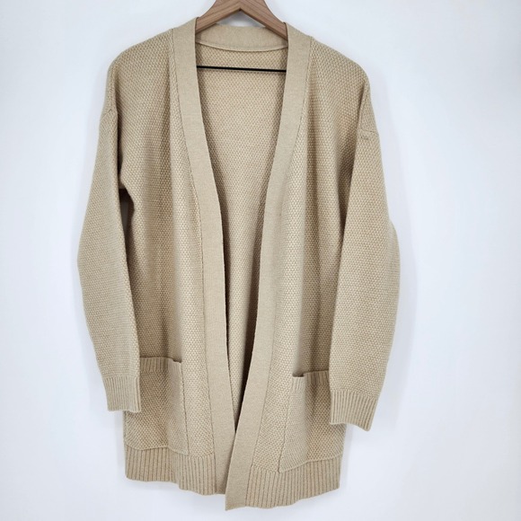 Sweaters - Cream Womens Long Line Cardigan Sweater Size L Open Front Textured Autumn